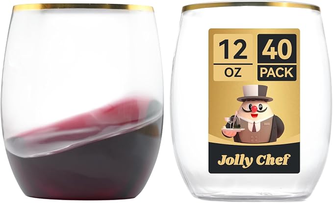 JOLLY CHEF 40 Pack 12 oz Champagne Flutes Gold Stemless Toasting Glasses | Plastic Wine Cups | Crystal | Shatterproof | Heavy Duty | Disposable | Unbreakable Drinkware for Wedding Party Thanskgiving
