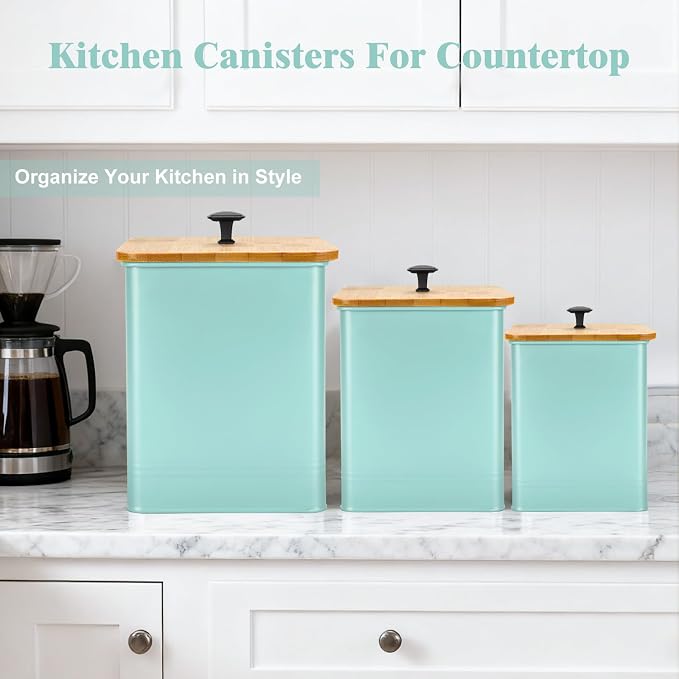 Kitchen Canisters Set of 3, Metal Flour Sugar Storage Containers with Airtight Lids-Canisters Sets for Kitchen with Customizable Chalkboard Labels & Marker Pen-Spice, Coffee Storage Jars(Blue)