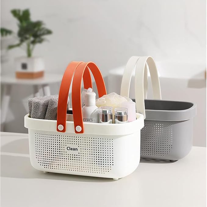 JiatuA Plastic Storage Basket with Handle Portable Shower Caddy Tote Organizer Basket Bin for Bathroom Kitchen Dorm Room Bedroom, White | Sturdy Drainage Large Capacity Organizer Basket with Silicone Handles for Bathroom Kitchen Bedroom College Dorm Es...