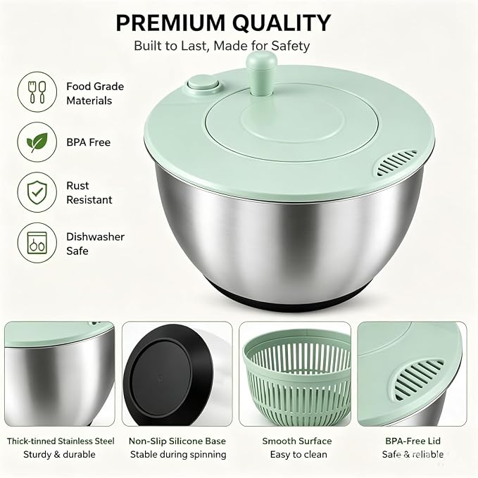 3 in 1 Salad Spinner with Mandoline Slicer, All in One Slicer Bowl, Multifunctional Salad Spinner Small Stainless Steel, Vegetables Wash Bowl, Fruits & Lettuce Dryer with 5 Blade (Green)