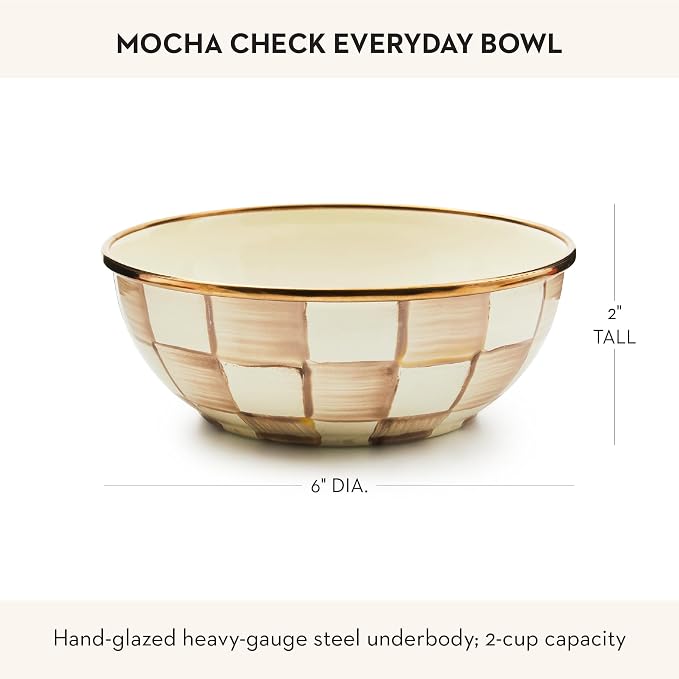 MACKENZIE-CHILDS Everyday Bowl, Extra Small, Brown-and-White Mocha Check | Hand-painted design, made from enameled steel, decorative serving bowl, 6" dia. x 2" H, 2-cup capacity