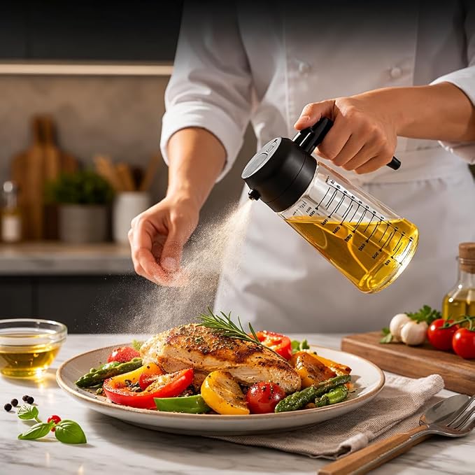 16oz/470ml Glass Olive Oil Sprayer for Cooking, 2 in 1 Oil Dispenser for Kitchen Gadgets, Food Grade Premium Spray Bottle with Portion Control for Salad, Frying