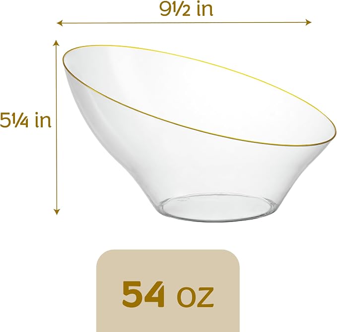PLASTICPRO Angled Plastic Bowls Disposable Large Plastic Clear Serving Bowls with Gold Rim for Party for Appetizer Salads Pack of 4