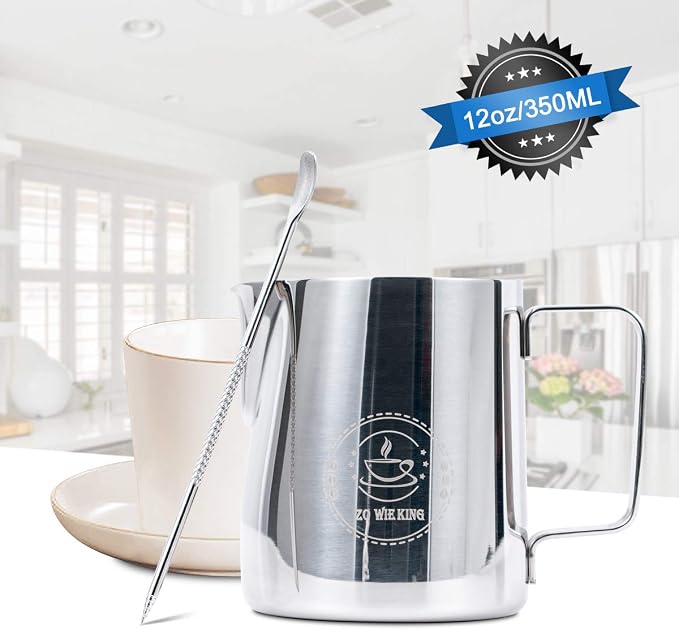 12oz Milk Frothing Pitcher, Stainless Steel Espresso Steamer Frother Cup | 350ml metal jug includes professional latte art decorating pen; top barista accessories for perfect coffee cappuccino making