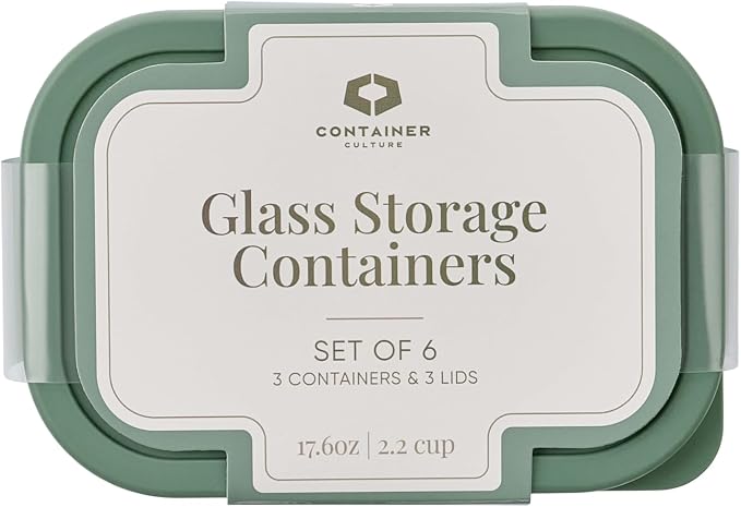 Glass Food Storage Containers with Lids — 6 Piece — 17.6 oz Glass with BPA-Free Leakproof Stackable Lids — Microwave, Oven & Dishwasher Safe — Ideal for Meal Prep & More - Soft Sage