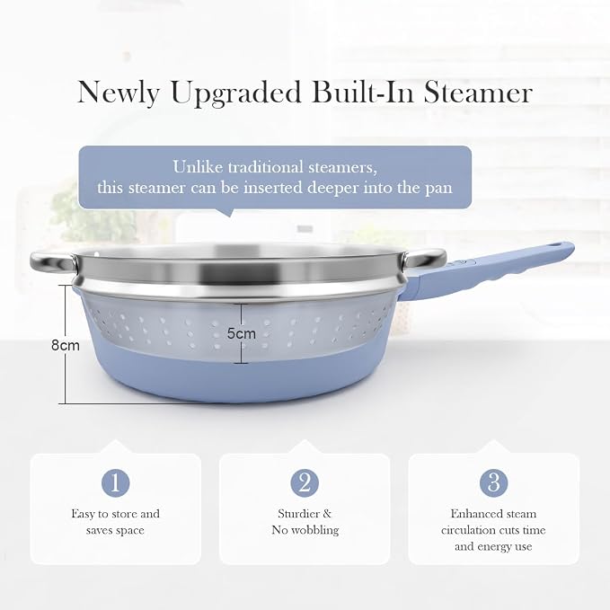 AIKENBBKK 12 Inch Nonstick Deep Frying Pan with Steamer, Ceramic Skillet with Lid, Steamer Pan for Cooking, 5 QT Non Stick Saute Pan with Detachable Handle, PTFE & PFAS-Free, Oven Safe, Blue