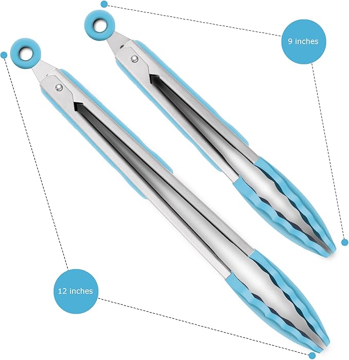 2 Pack Silicone Kitchen Tongs – 9" & 12" Set, Heat Resistant up to 500°F, Non‑Stick Cookware Safe, Wavy Silicone Tips, BPA Free, Locking Clip & Hanging Loop, Blue