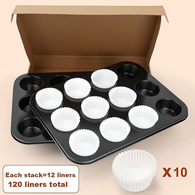 Muffin Pan & Cupcake Pan, 2 Pack 12-Cup Muffin Tin for Baking with 120 Cupcake Liners, Nonstick Heavy Duty Carbon Steel Cupcake Tins, Scratch Resistant Baking Pans Set for Family & Party