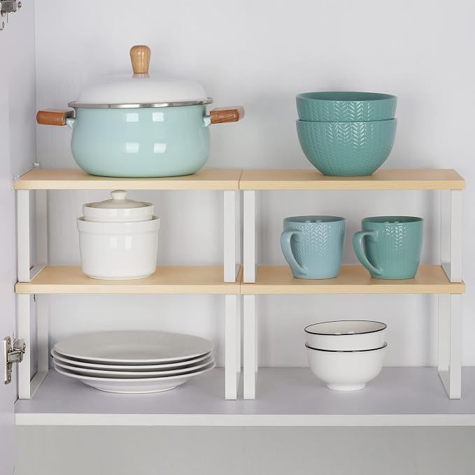 Counter Shelves Set of 4 Stackable Kitchen Cabinet Organizer Shelf and Expandable Wood Countertop Shelves for Bathroom Study Room, White | Expandable Wood Countertop Shelves, for Bathroom, Study Room, Home Office