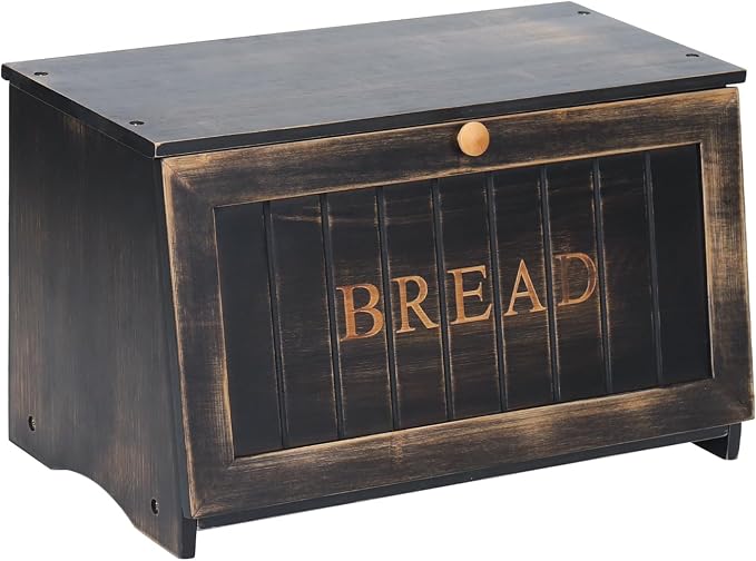HOMEKOKO Vintage Wood Bread Box for Kitchen Counter,Retro Storage Bin,Black | Retro Farmhouse Style, Holds 2 Loaves, Breathable Design Keeps Bread Fresh For 3–4 Days, Suitable For Rustic/Vintage Kitchen