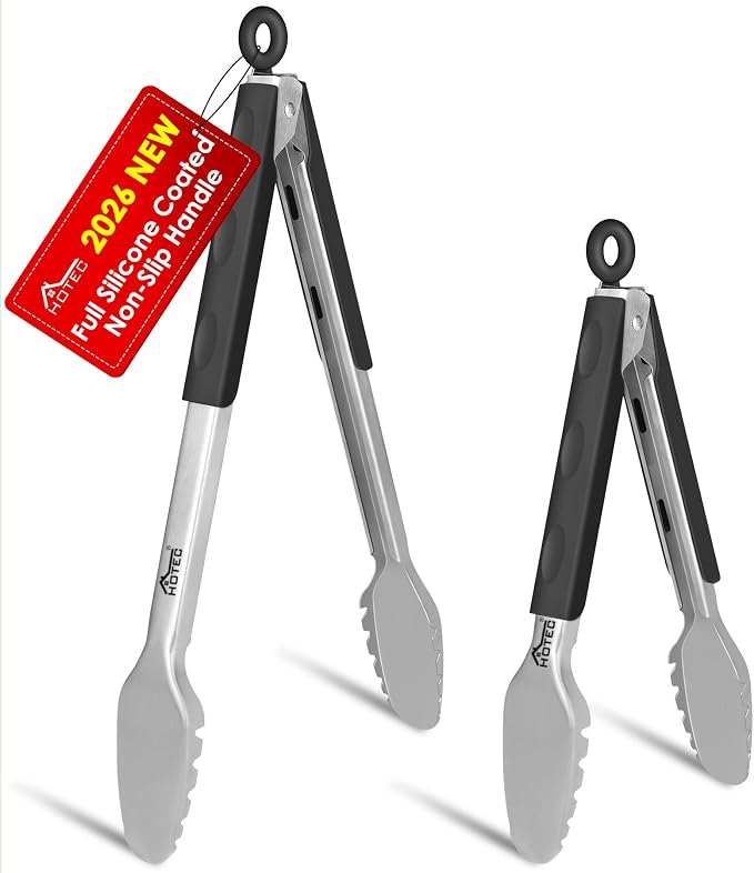 Hotec Stainless Steel Kitchen Tongs, Set of 2-9" and 12", Locking Metal Food Tongs for Cooking, Serving, BBQ, Grill Non-Slip Grip