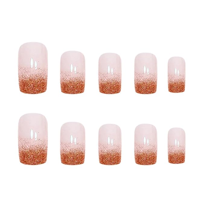 Fall Press on Nails Medium Square Fake Nails with Glitter Designs Nails Press ons Nude Pink Glue on Nails Simple Stick on Nails for Women 24 Pcs