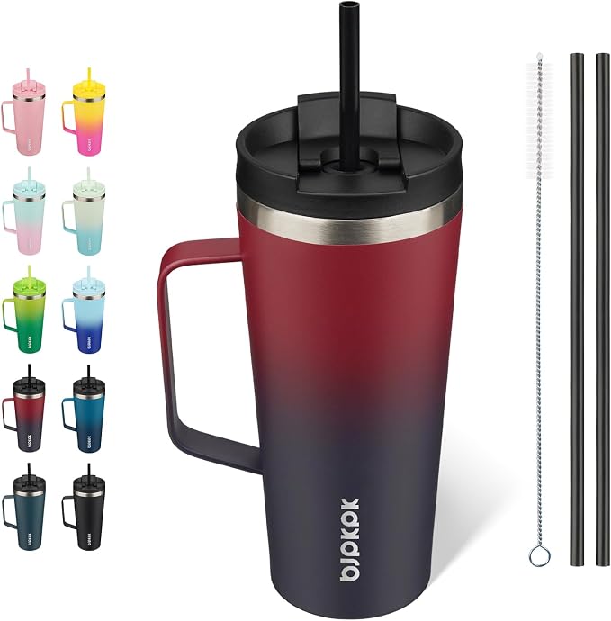 BJPKPK 22oz Insulated Tumbler with Handle, Lid & Straw, Stainless Steel | Double Wall Vacuum Insulated Coffee Travel Mug - Keeps Cold & Hot, BPA Free, Cupholder Fit for Office, Gym & Travel