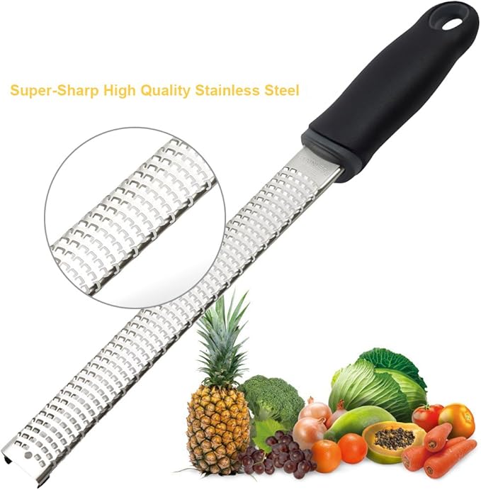 8-Inch Lemon Zester & Cheese Grater, 18/8 Stainless Steel, Black | Fine 18/8 Stainless Steel Blade for Citrus, Parmesan, Ginger and Garlic, Soft Non-slip Handle, Cover, Dishwasher Safe