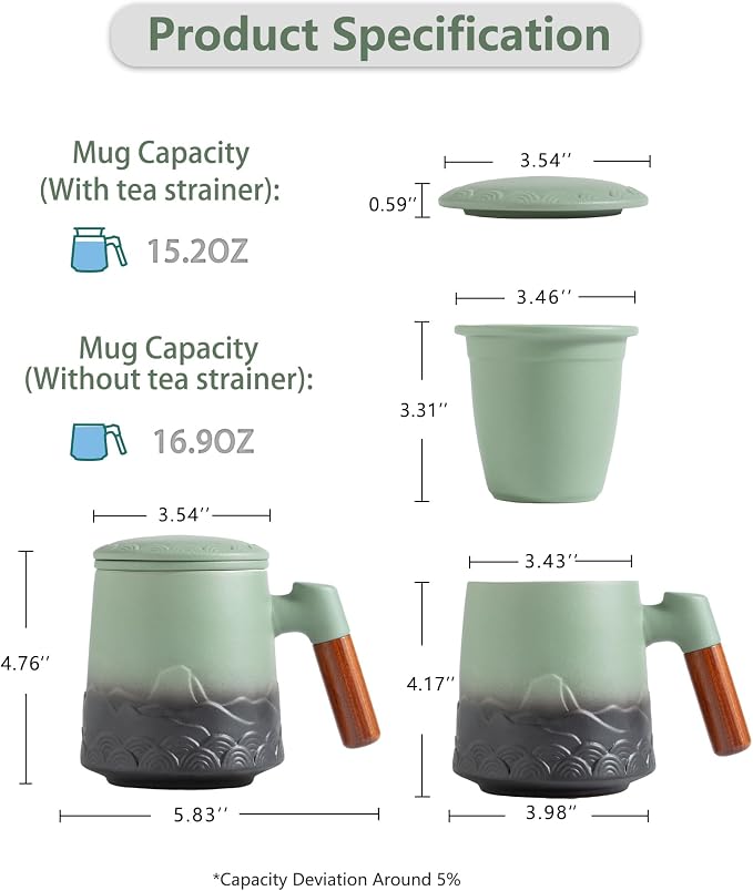 ZENS Tea Mug with Infuser and Lid for Loose Leaf Tea Steeper, 16.9oz Moss | Embossed Ceramic Tea Cup with Infuser for Herbal Tea Difussers, Tea Lovers Gifts, Nature Wood Handle