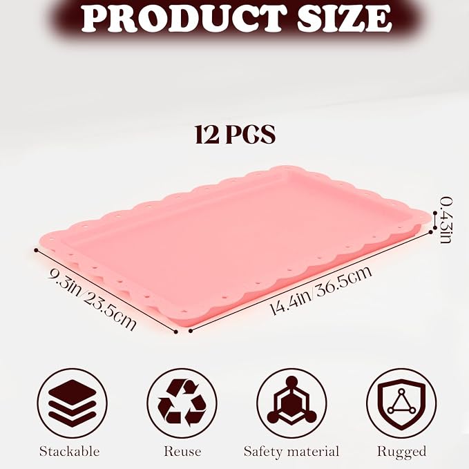 Food Tray, 12 Pack Serving Tray Serving Platter Fruit Dessert Plates, Plastic Serving Trays Rectangle Dessert Trays for Party, Wedding, Restaurant, 14.4" X 9.3" (Pink)