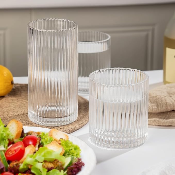 Ribbed Drinking Glasses 6pcs, 12oz and 10oz Glassware, Tumbler Glasses Cup Set for Wedding, Party, Christmas Gift, Clear