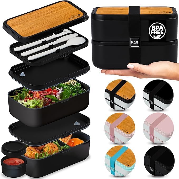 67oz Bento Box Adult, Leak-Proof, Stackable, Meal Prep, Black | 67 oz Capacity, Stackable Containers, Leak-Proof Design, Includes Dividers, Great for Meal Prep, Office Lunchbox