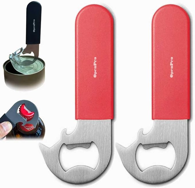 Magnetic 2-IN-1 Ring-Pull Can Opener, Beer Bottle Opener, Easy Open Any Pull Tab Cans for Seniors, Soda, Pet Food, Cat Cans, Beer, Gadgets for People with Arthritis, kitchen gadgets, 2-Pack, Red