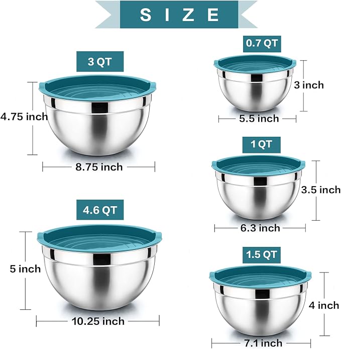 P&P CHEF Metal Mixing Bowls with Lids Set, Airtight Lids & Blue | 5 PCS Stainless Steel Mixing Nesting Bowls for Kitchen Prepping, Storing, Healthy & Easy Clean, Size 4.6, 3, 1.5, 1, 0.7 QT
