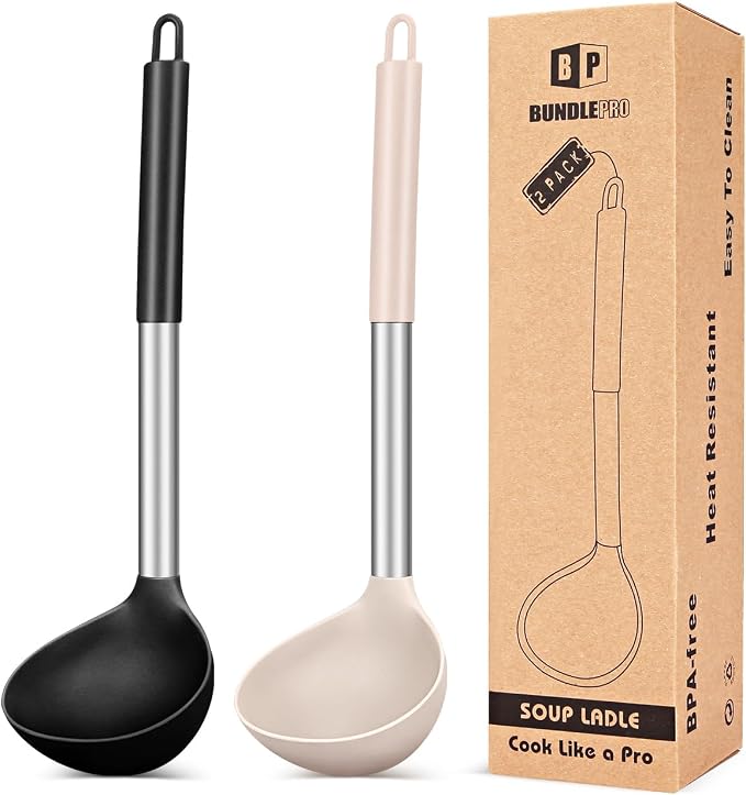 BUNDLEPRO Silicone Ladle Spoon Kitchen Utensils, 2 Pack, Black-Khaki | Non Stick, High Heat Resistant, BPA Free, Ideal for Cooking, Stirring,Serving Soups