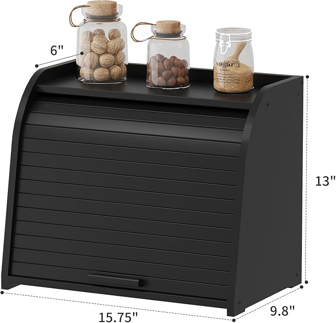 Kitsanery Bread Box for Kitchen Countertop, Bamboo Bread Storage, Double-Layer Roll-Top Bread Container, Farmhouse Bread Holder for Homemade Bread (Black, double layer)