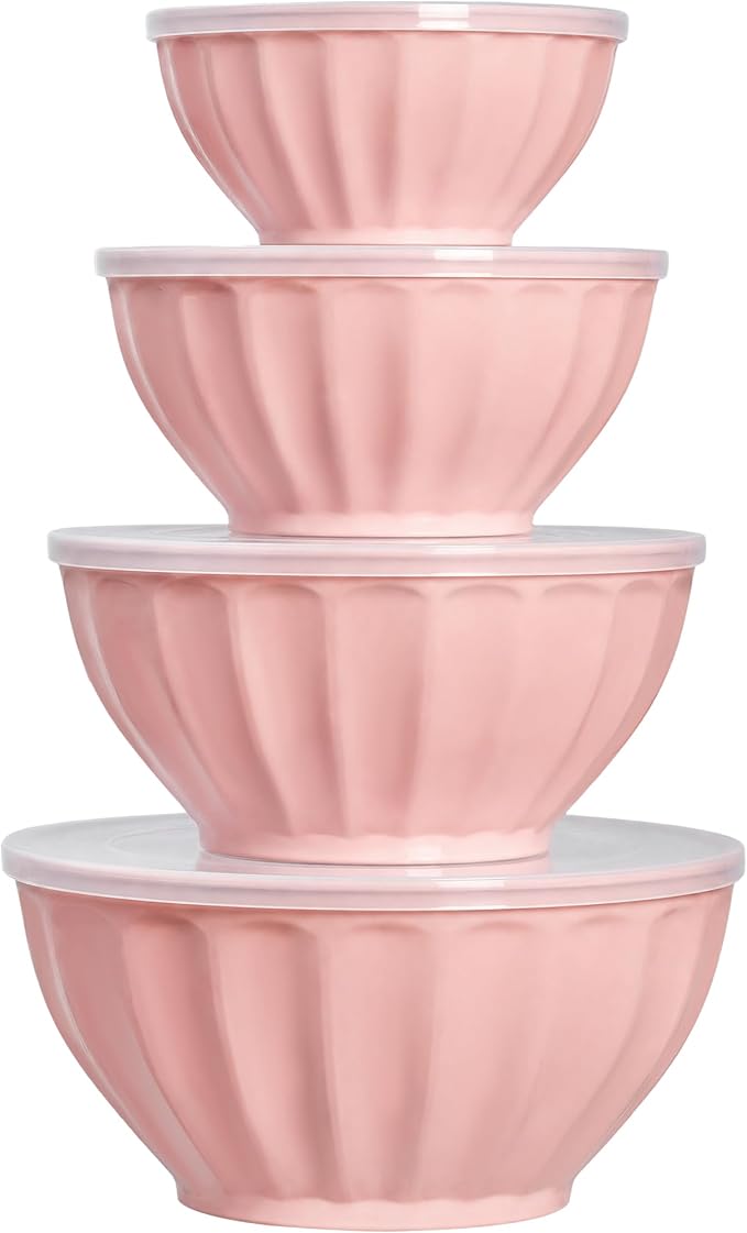 BoxedHome Mixing Bowls with Lids Set, 8 pieces Large 0.2” Thick Plastic Nesting Mixing Bowl, Microwave Safe,Size 5.92, 4.12,3.06,1.80 Quart, Pink