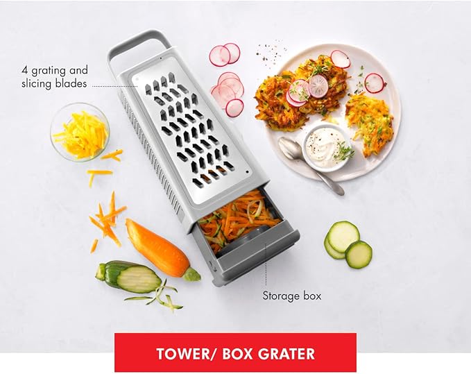 ZWILLING Z-Cut Tower Multifunctional Box Grater, Faster Grating Technology, Cheese Grater, Zester, Garlic grater, Slicer, Rasp Grater and more, Gray