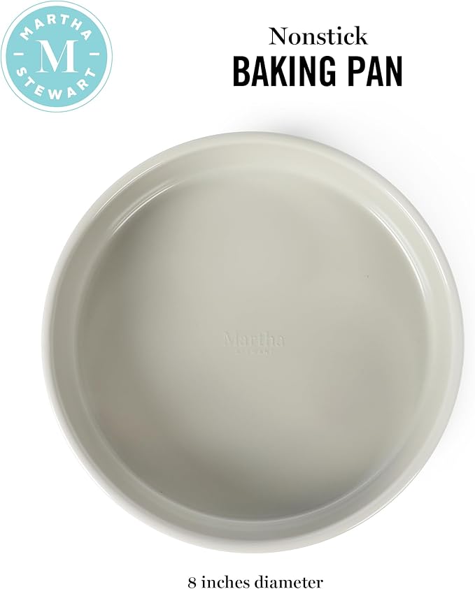 Martha Stewart Gallen 8 Inch Round Nonstick Carbon Steel Cake and Bake Pan – Cool Grey, Durable Bakeware for Even Baking and Easy Release