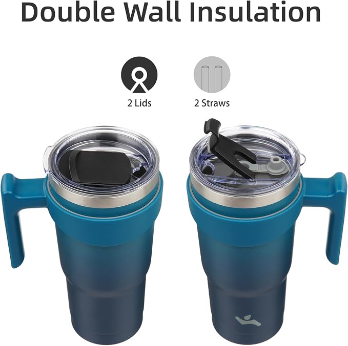 Konokyo 20 oz Tumbler with Handle and Straw, Insulated Travel Mug | Indigo Black; BPA-free, leak-proof tumbler with 2 lids, 2 straws, cup holder fit for coffee, office, travel & daily use
