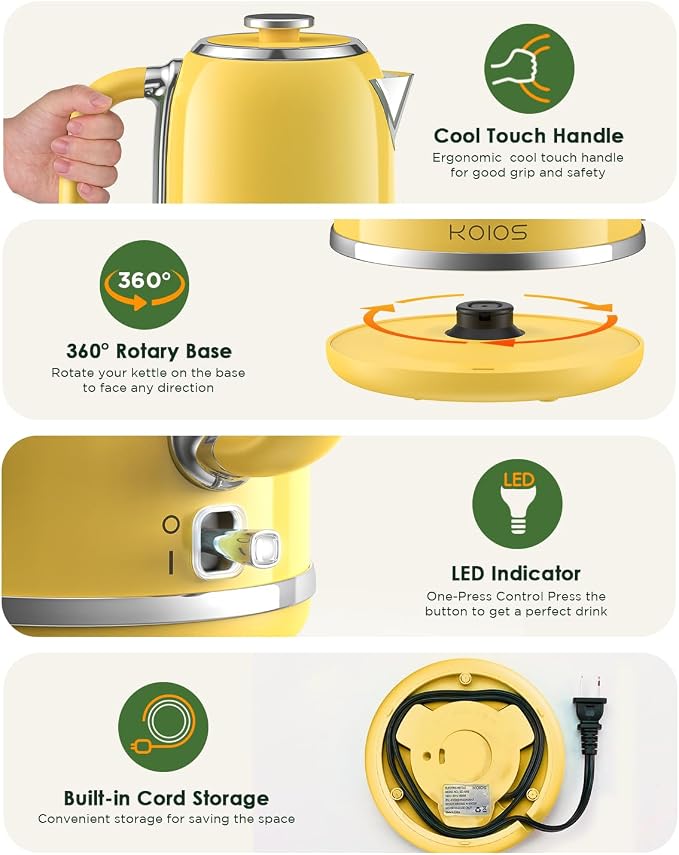 KOIOS Electric Kettle 1.8L with Built-in Temperature Gauge, Retro Design | 1500W Hot Water Tea Pot for Boiling Water, Stainless Steel Interior, Auto Shut-Off & Boil Dry Protection, Drip-free Spout