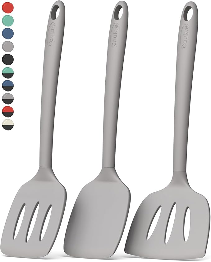 Coukre 3 Pack Silicone Spatula Set, Heat Resistant to 500°F, BPA-Free | Fish Spatula, Solid & Slotted Turners, Dishwasher Safe, Spatula Set for Eggs, Pancakes, Fish & Burgers, PureGray