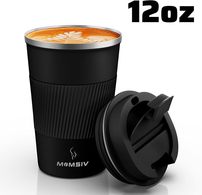 MOMSIV 12oz Travel Coffee Mug, Insulated Coffee Cup with Leakproof Lid | 6-Hour Heat Retention, 360°Leak proof, Vacuum Stainless Steel Double Walled, BPA-free, Reusable And To Go Coffee Mug