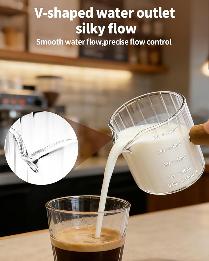 Espresso Measuring Cup 4 Oz, Espresso Glass Cups with Wood Handle, Milk Frothing Cup, Espresso Cup for Coffee, Milk, Tea or Maple Syrup Serving (Transparent, 4 oz)