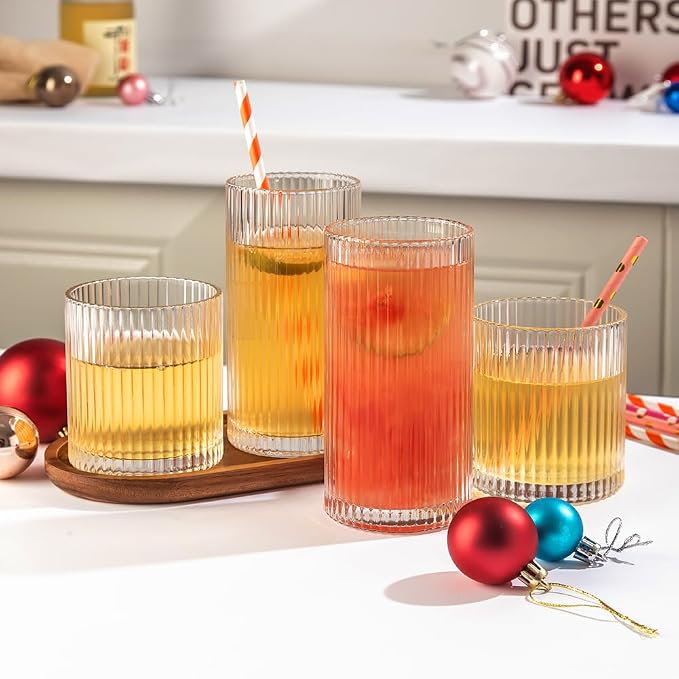 Ribbed Drinking Glasses 12pcs, 12oz and 10oz Glassware, Tumbler Glasses Cup Set for Wedding, Party, Christmas Gift, Clear