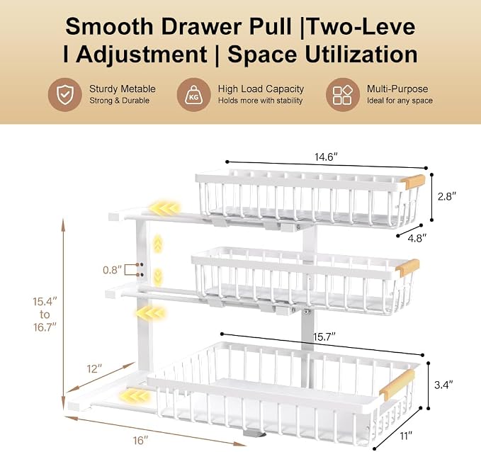 Under Sink Organizer, 3-tier Under Sink Storage Organizer Adjustable Height Easy Assembly Pull Out Cabinet Organizers Basket for Bathroom Kitchen Pantry Home Organization