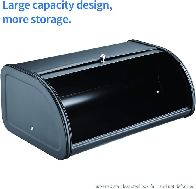 HILFA Stainless Steel Bread Box with Roll Up Lid, For Easy Kitchen Counter Storage, Bread Bin Holder,17.5X11.5X7.5 inch, Matte Black For Home and Kitchen