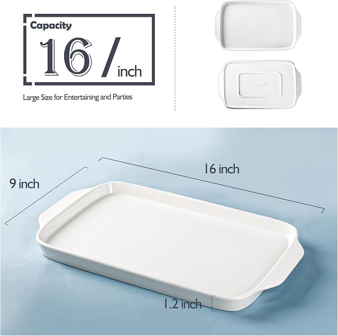 Dizada Large Serving Platter with Handles 16"x9" - White Porcelain Serving Trays Set of 3, Rectangular Platters for Entertaining, Party, Appetizer, Charcuterie