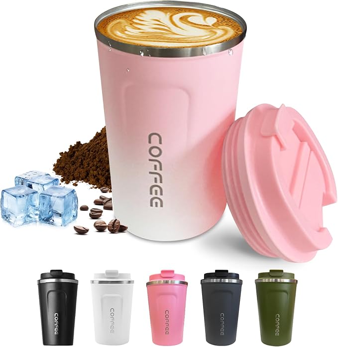 SPLMIFA Travel Coffee Mug Leak-Proof, Reusable Coffee Cups with Lids, Stainless Steel Vacuum Insulated Coffee Tumblers, Thermal Insulation Cup for Men and Women Hot & Cold Drinks(2nd-Pink White, 12OZ)