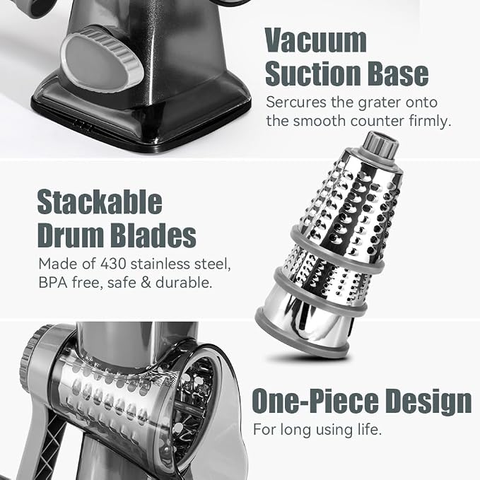 Rotary Cheese Grater Pro 6 in 1 - Shredder Crinkle Slicer Grinder Ice Shaver, Stable Suction, Time-saving Easy Use & Clean, Safe Morden Kitchen Tool for Cheese, Vegetable, Nuts, Chocolate
