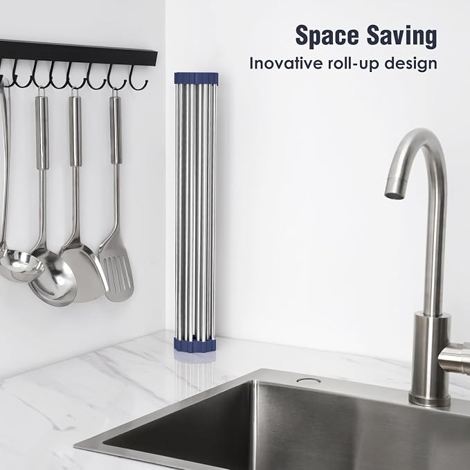 Tomorotec Roll Up Dish Drying Rack Over Sink, 304 Steel, 21x15.5, Indigo | Anti-Slip Silicone Rims For Grip, Heat-Resistant Trivet Mat Holding Heavy Cookware, Rustproof Kitchen Counter Space Saver
