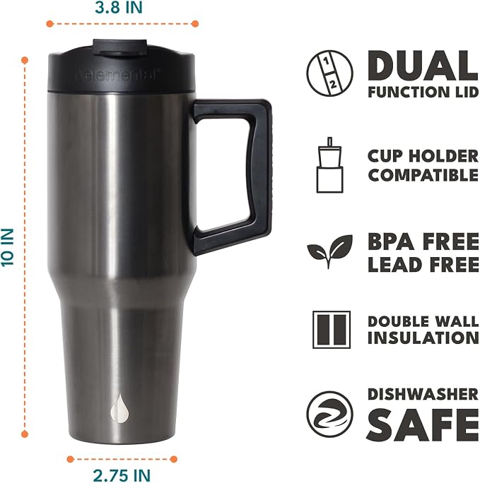 Elemental 100% Leak Proof 32oz Tumbler with Handle & Straw Travel Mug | Stainless Steel Double Wall Insulated Tumbler for Hot and Cold Beverages with Sip & Straw Lid