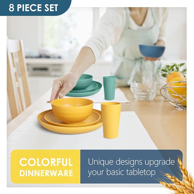 Teivio 32-Piece Plates and Bowls Sets for 8, Wheat Straw Dinnerware Sets | 13.5oz Cups, Plastic Unbreakable Dish Set, Dishwasher Safe, for Kitchen Outdoor Camping RV Essentials, Autumn Multicolor