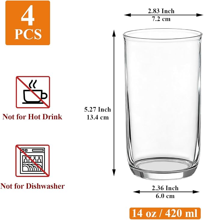 Berglander Highball Glasses Set 4pc, 14 oz Tall PET Clear Plastic Drinking Collins Glasses, Reusable Water Glass Cups, Bar Glassware Tumbler for Beverage, Beer, Juice, Milk, Mojito, Cold Drink