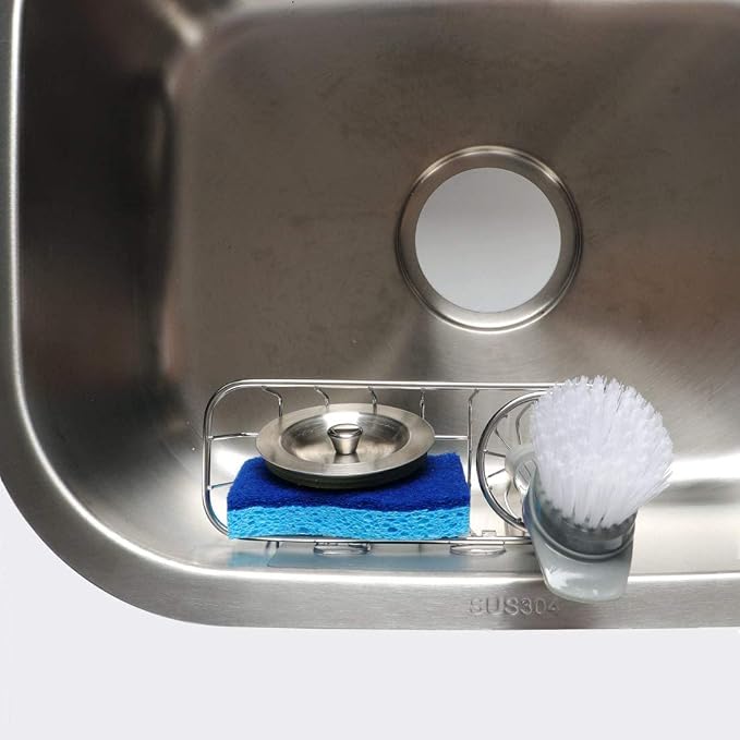 HULISEN Kitchen Sponge Holder, Stainless Steel Sink Caddy with Brush Holder | No-Drill Setup, In-Sink Adhesive Mount, Open Grid Drainage, Sink Strainer, Soap and Scrubber Storage, Rust-Resistant