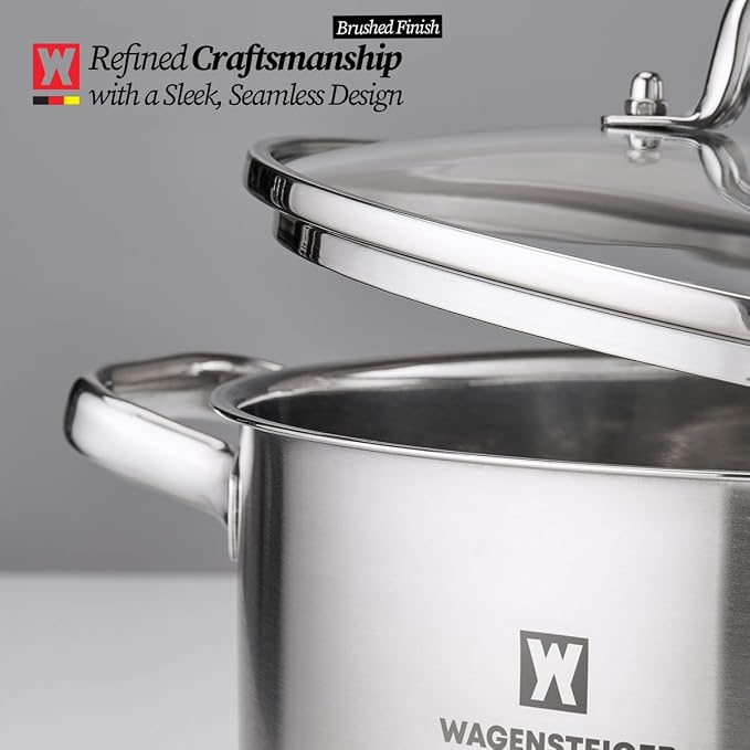 WAGENSTEIGER 4.3 Quart Casserole Pot/Dutch Oven/Saute Pan, 3-Ply Stainless Steel with Aluminum Core, Tempered Glass Lid, Ergonomic Handles, All Cooktops Compatible (9.84" Diameter Casserole)