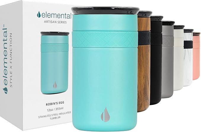 Elemental Artisan 12oz Triple-Wall Insulated Coffee Tumbler w/Ceramic Lid | Triple Wall Coffee Travel Mug, Reusable Stainless Steel Coffee Tumbler; Thermal Coffee Cups for Hot (6 Hrs) & Cold (18 Hrs)