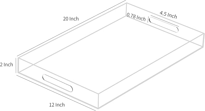 Clear Sturdy Acrylic Serving Tray with Handles 12x20x2H Inches -Spill Proof- Decorative Trays Countertop Organizer for Ottoman Coffee Table Nightstand, sidetable, Breakfast, Tea, Food