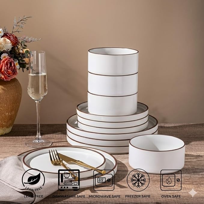 LERATIO Stoneware Dinnerware Sets for 6,18-Piece Matte Plates and Bowls Set | Handmade High Edge Rim Dish Set,Oven & Microwave,Dishwasher Safe,Scratch Resistant-Vanilla White
