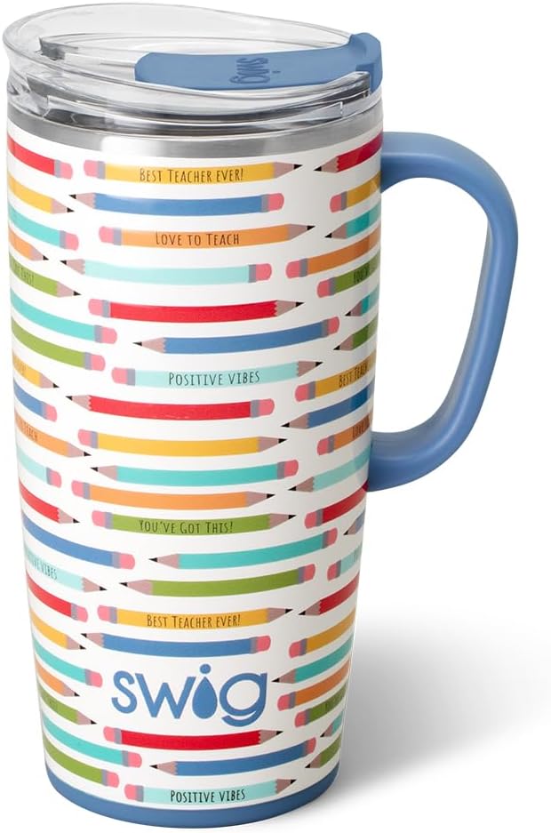 Swig Life 22oz Insulated Travel Mug with Handle & Lid, Teacher Life | Triple Insulated Stainless Steel - Handle & Lid Included - Keeps Coffee Hot or Cold - Cup Holder Friendly
